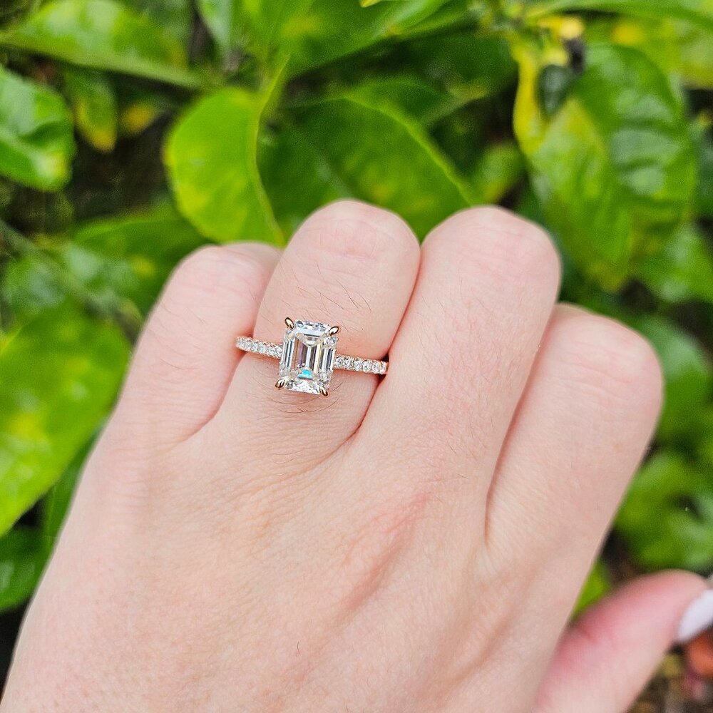 2 CT Rectangle Emerald Cut Moissanite Ring, Sterling Silver, Size 6, Rose Gold - Picture 2 of 8